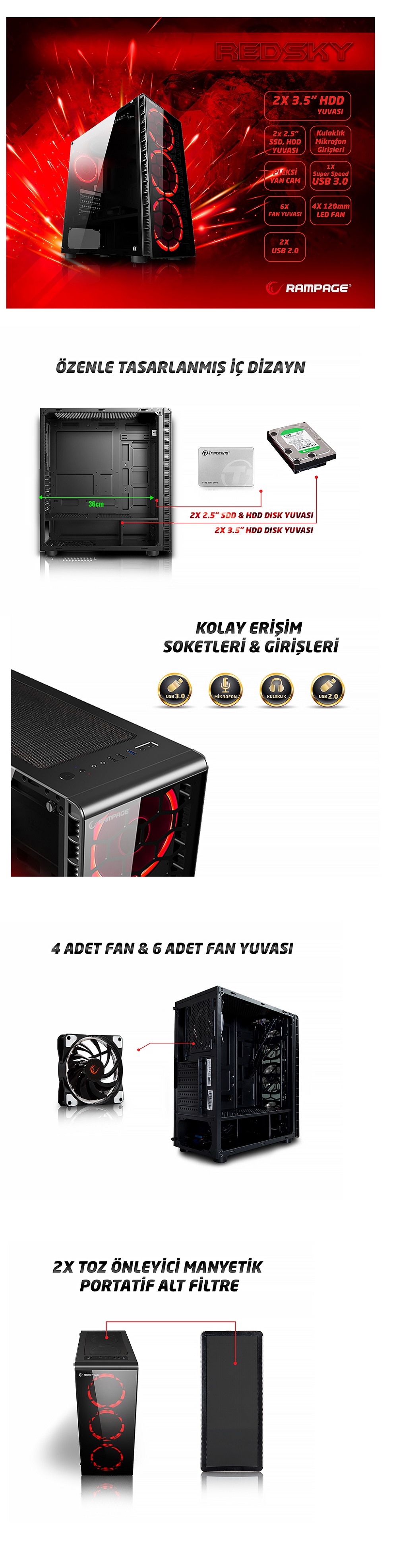 Rampage REDSKY Oyuncu Kasa - 4*12cm Kırmızı Ledli Fan Siyah 1*Usb3.0 2*Usb2.0 Cam Pencereli